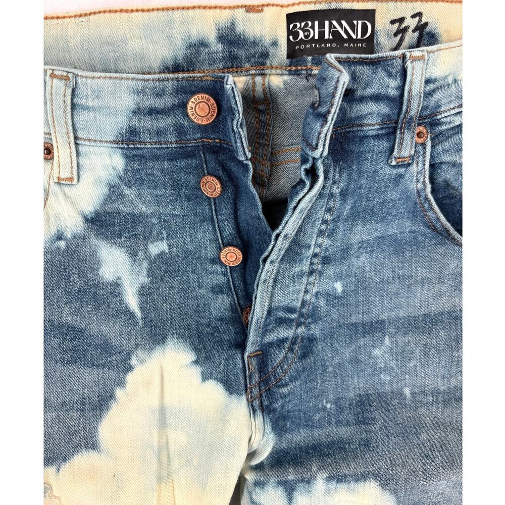 33 By Hand Upcycled Button Fly Jeans Bleached Distressed 34 x 31 Unisex Boho